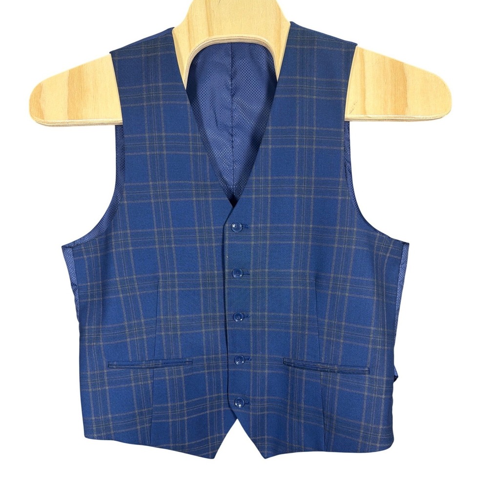 Blue Plaid Suit Vest Mens 42R Tailored‎ Windowpane Check Button Front Cinch Back